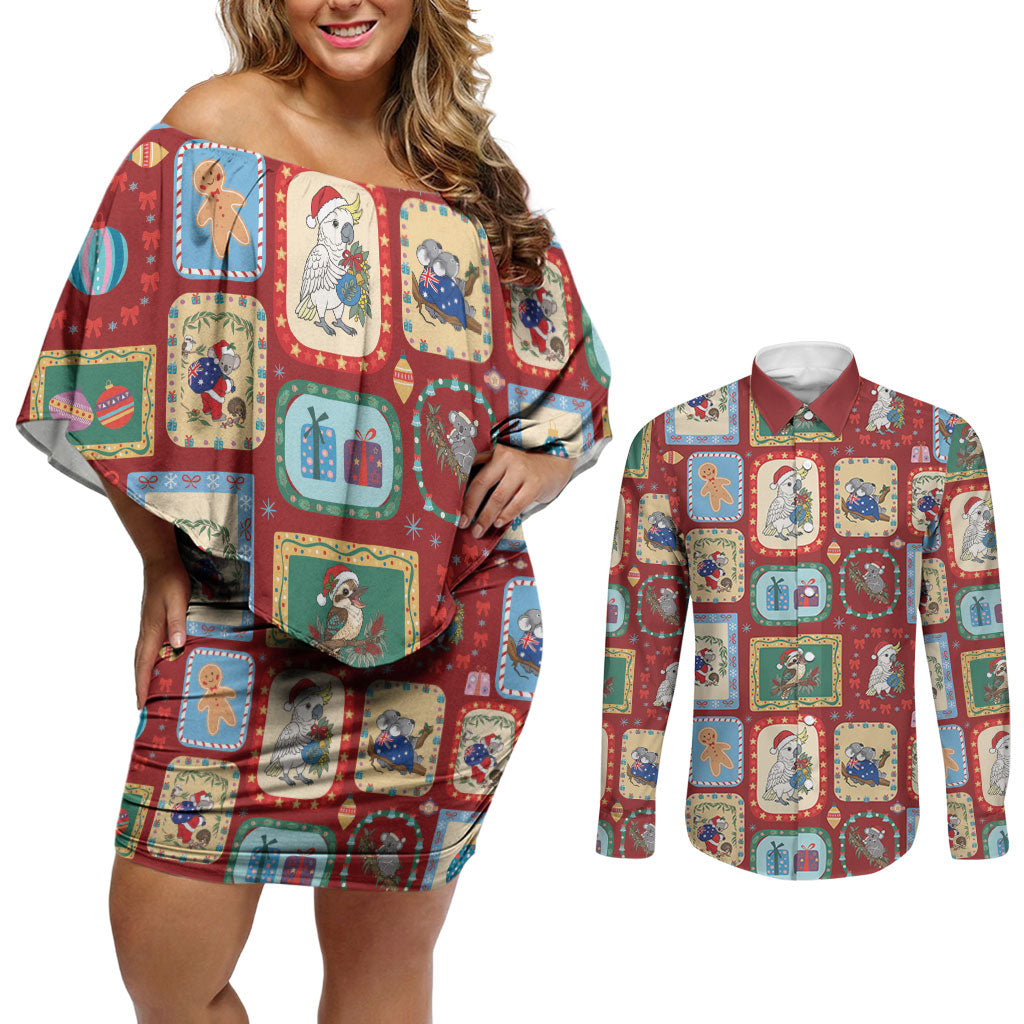 Australia Wildlife Christmas Stamp Couples Matching Off Shoulder Short Dress and Long Sleeve Button Shirt Red Aussie Native Animal Seamless Pattern