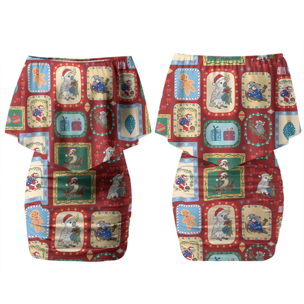 Australia Wildlife Christmas Stamp Couples Matching Off Shoulder Short Dress and Long Sleeve Button Shirt Red Aussie Native Animal Seamless Pattern