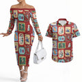 Australia Wildlife Christmas Stamp Couples Matching Off The Shoulder Long Sleeve Dress and Hawaiian Shirt Red Aussie Native Animal Seamless Pattern