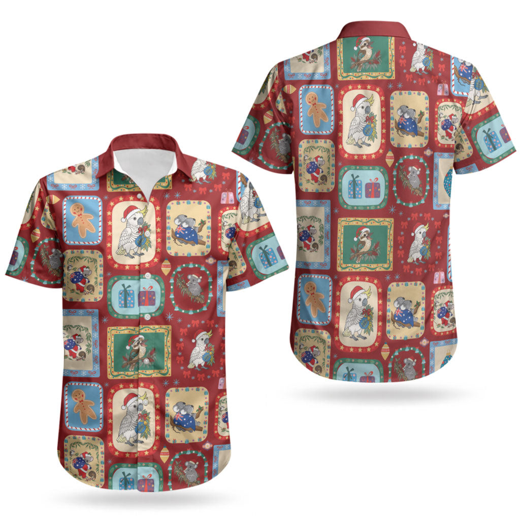 Australia Wildlife Christmas Stamp Couples Matching Off The Shoulder Long Sleeve Dress and Hawaiian Shirt Red Aussie Native Animal Seamless Pattern