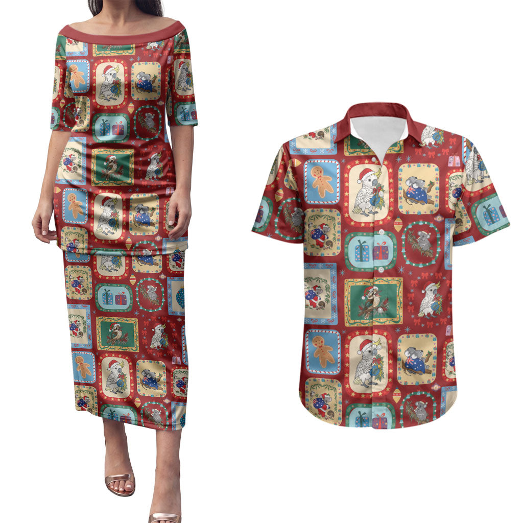 Australia Wildlife Christmas Stamp Couples Matching Puletasi and Hawaiian Shirt Red Aussie Native Animal Seamless Pattern