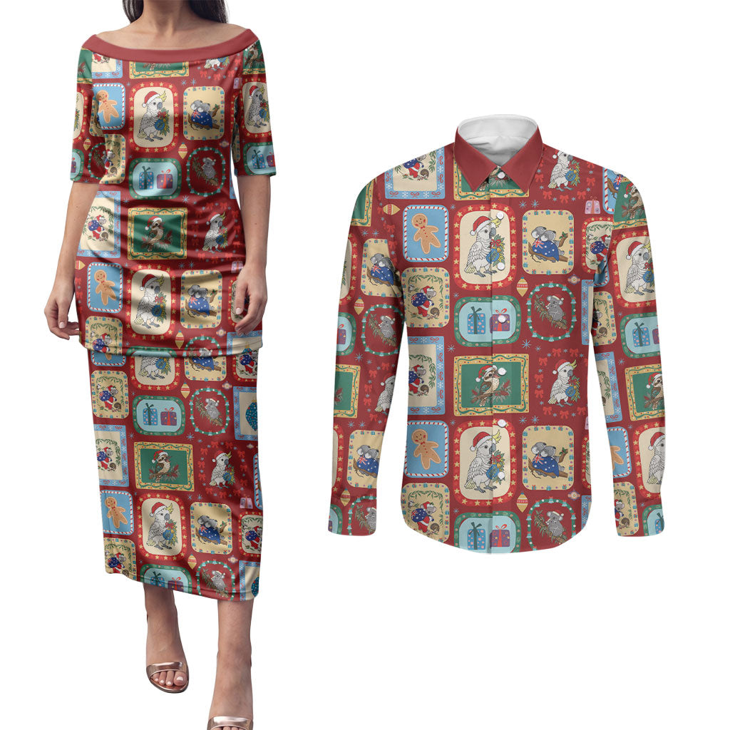 Australia Wildlife Christmas Stamp Couples Matching Puletasi and Long Sleeve Button Shirt Red Aussie Native Animal Seamless Pattern