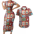 Australia Wildlife Christmas Stamp Couples Matching Short Sleeve Bodycon Dress and Hawaiian Shirt Red Aussie Native Animal Seamless Pattern