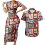 Australia Wildlife Christmas Stamp Couples Matching Short Sleeve Bodycon Dress and Hawaiian Shirt Red Aussie Native Animal Seamless Pattern