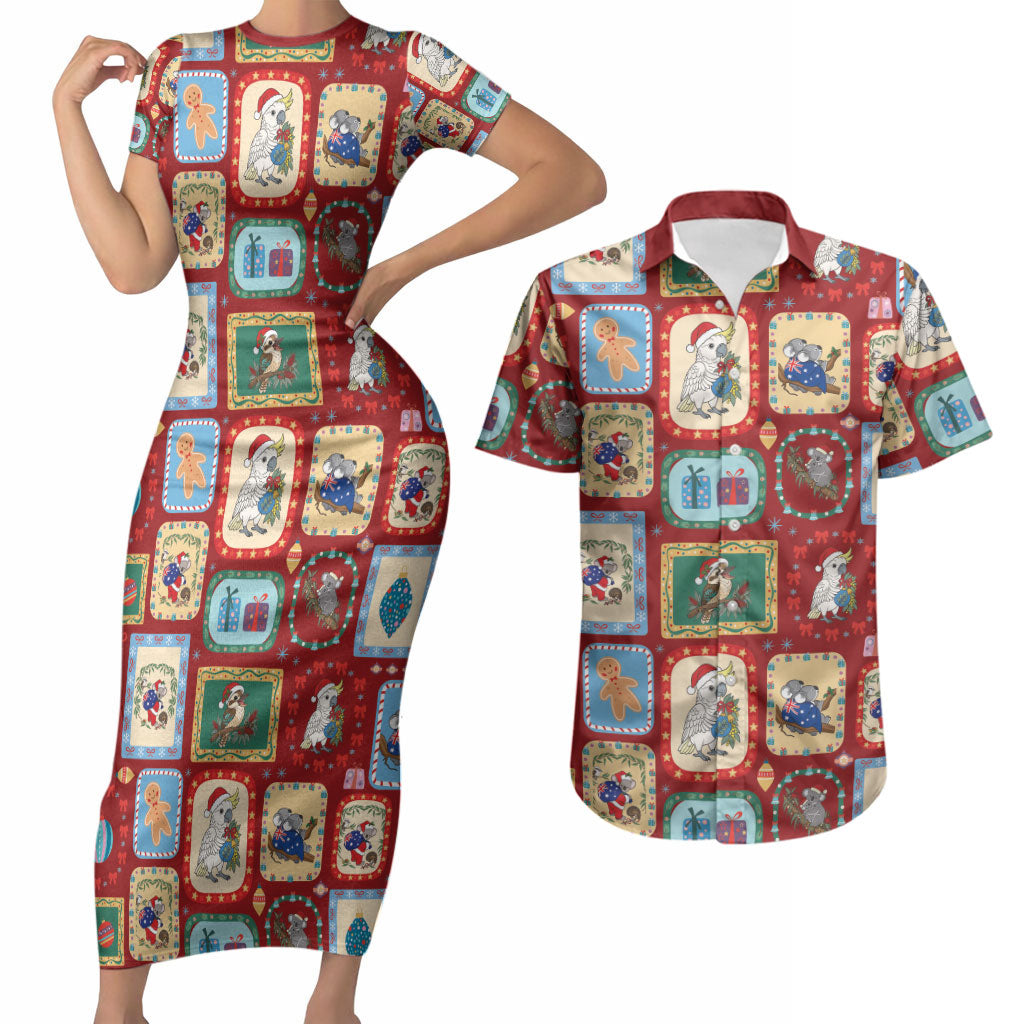 Australia Wildlife Christmas Stamp Couples Matching Short Sleeve Bodycon Dress and Hawaiian Shirt Red Aussie Native Animal Seamless Pattern