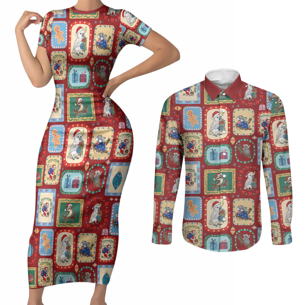 Australia Wildlife Christmas Stamp Couples Matching Short Sleeve Bodycon Dress and Long Sleeve Button Shirt Red Aussie Native Animal Seamless Pattern