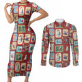 Australia Wildlife Christmas Stamp Couples Matching Short Sleeve Bodycon Dress and Long Sleeve Button Shirt Red Aussie Native Animal Seamless Pattern
