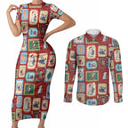 Australia Wildlife Christmas Stamp Couples Matching Short Sleeve Bodycon Dress and Long Sleeve Button Shirt Red Aussie Native Animal Seamless Pattern