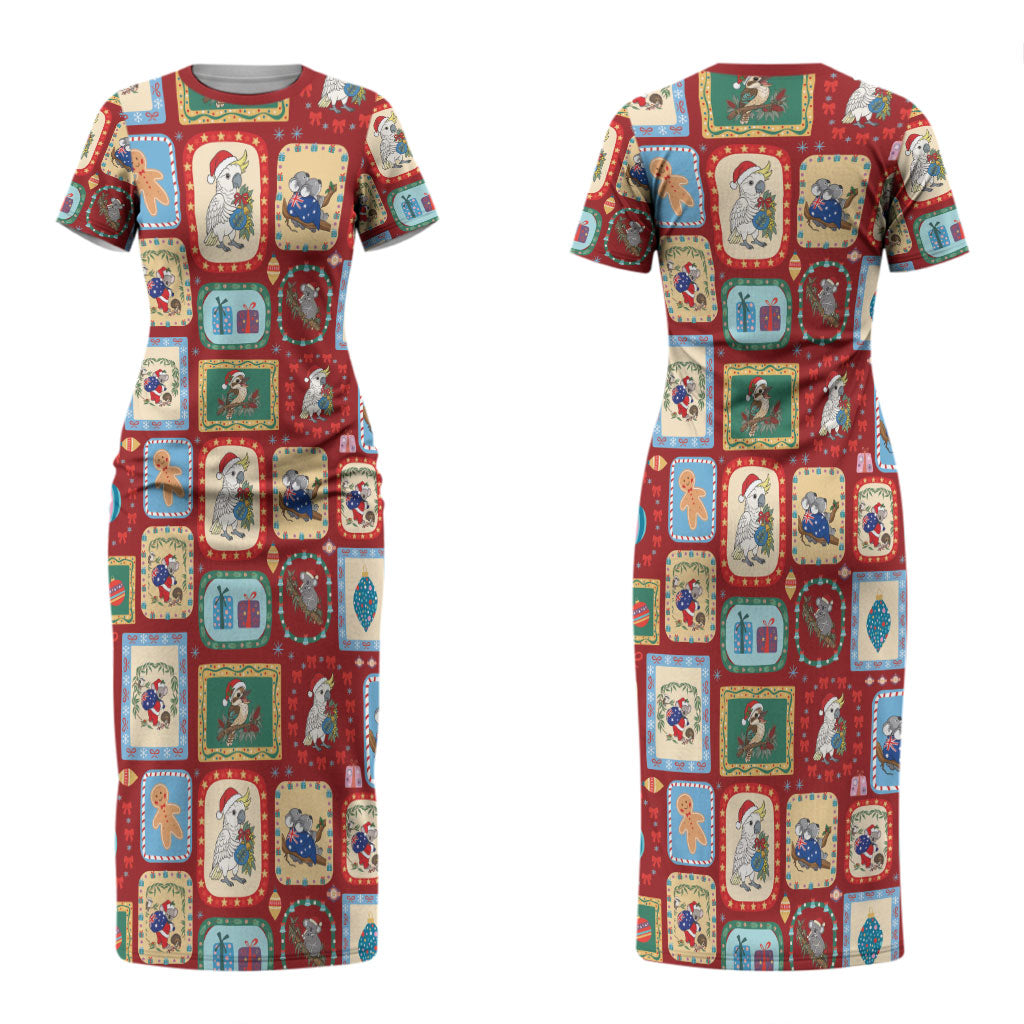 Australia Wildlife Christmas Stamp Couples Matching Short Sleeve Bodycon Dress and Long Sleeve Button Shirt Red Aussie Native Animal Seamless Pattern