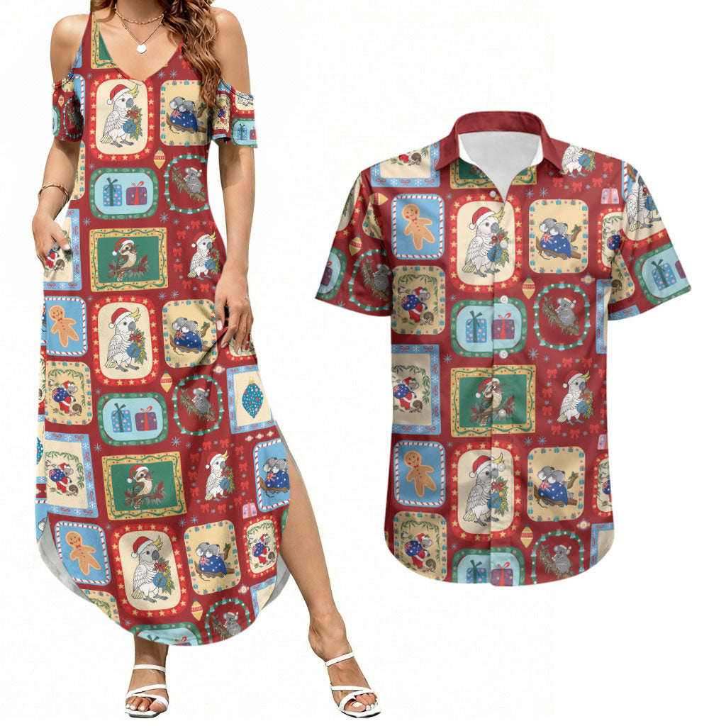 Australia Wildlife Christmas Stamp Couples Matching Summer Maxi Dress and Hawaiian Shirt Red Aussie Native Animal Seamless Pattern