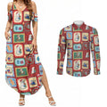 Australia Wildlife Christmas Stamp Couples Matching Summer Maxi Dress and Long Sleeve Button Shirt Red Aussie Native Animal Seamless Pattern
