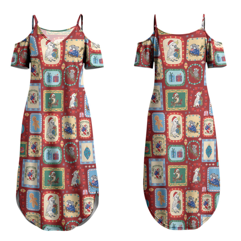Australia Wildlife Christmas Stamp Couples Matching Summer Maxi Dress and Long Sleeve Button Shirt Red Aussie Native Animal Seamless Pattern