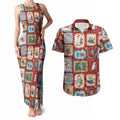 Australia Wildlife Christmas Stamp Couples Matching Tank Maxi Dress and Hawaiian Shirt Red Aussie Native Animal Seamless Pattern