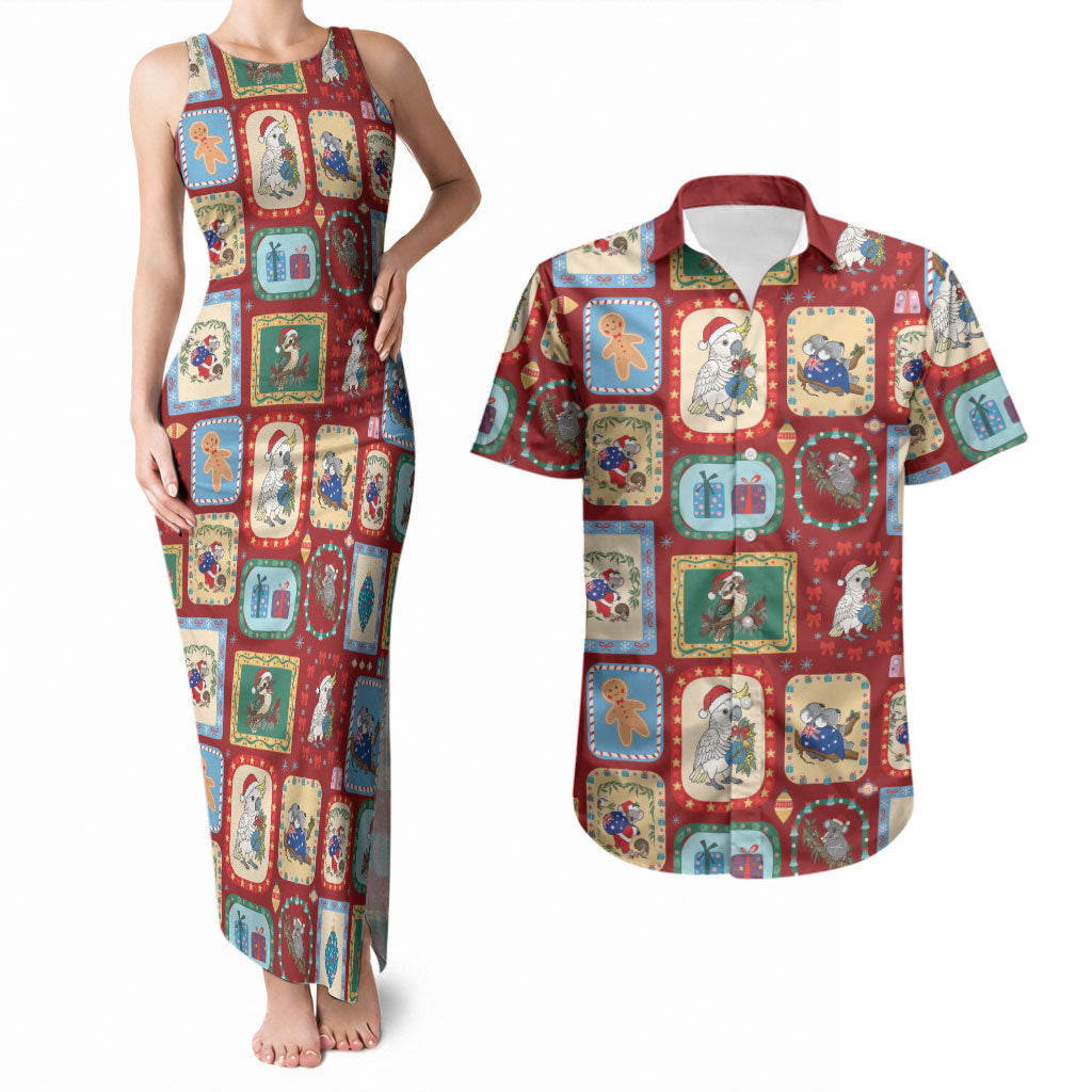 Australia Wildlife Christmas Stamp Couples Matching Tank Maxi Dress and Hawaiian Shirt Red Aussie Native Animal Seamless Pattern