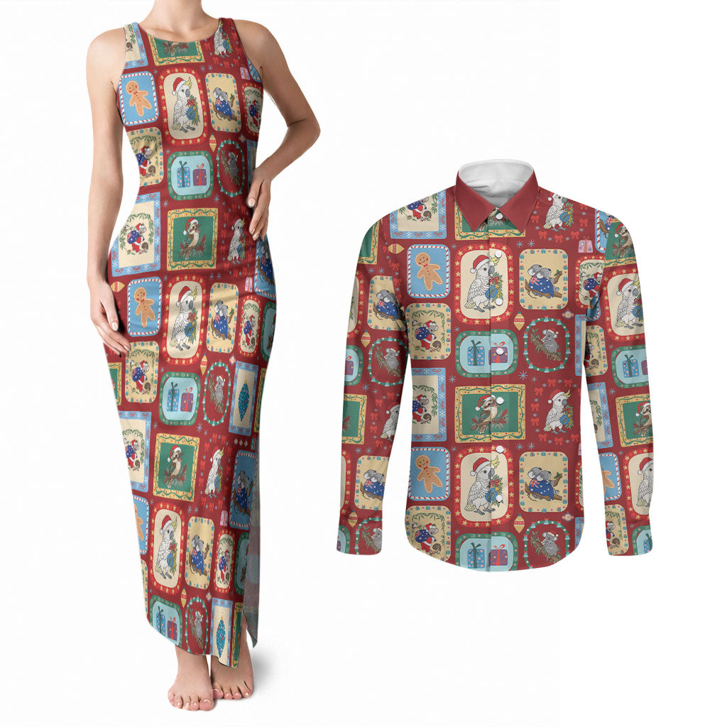 Australia Wildlife Christmas Stamp Couples Matching Tank Maxi Dress and Long Sleeve Button Shirt Red Aussie Native Animal Seamless Pattern