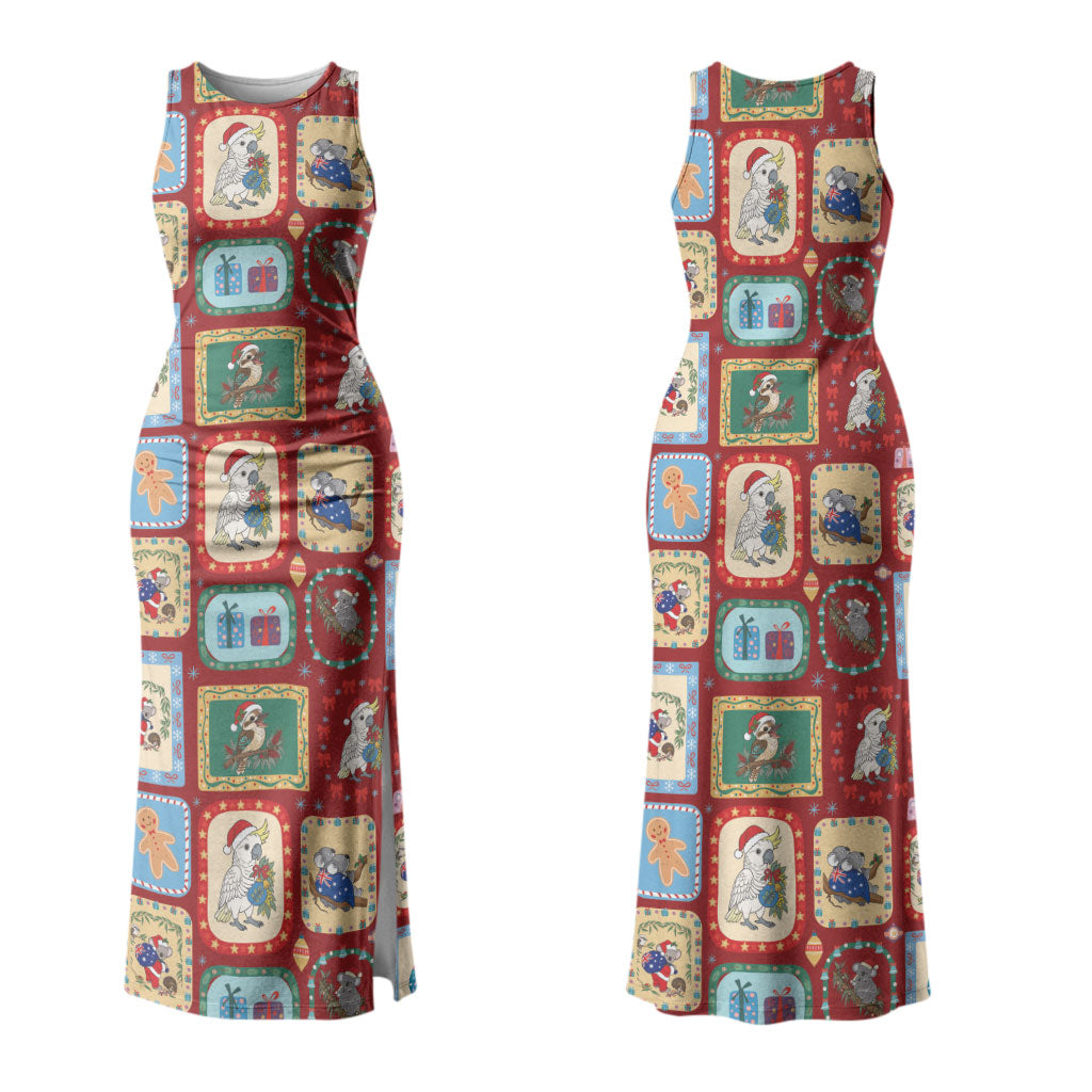 Australia Wildlife Christmas Stamp Couples Matching Tank Maxi Dress and Long Sleeve Button Shirt Red Aussie Native Animal Seamless Pattern