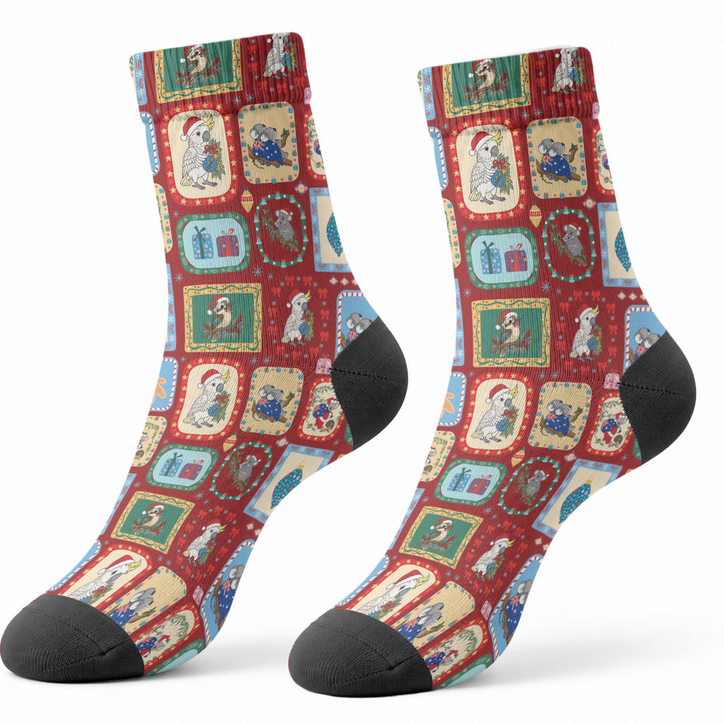 Australia Wildlife Christmas Stamp Crew Socks Red Aussie Native Animal Seamless Pattern