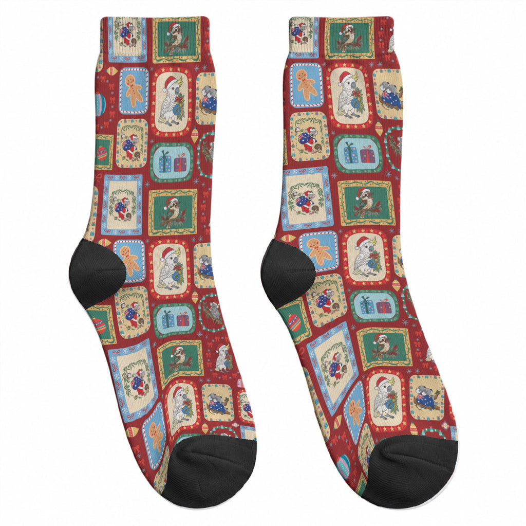 Australia Wildlife Christmas Stamp Crew Socks Red Aussie Native Animal Seamless Pattern