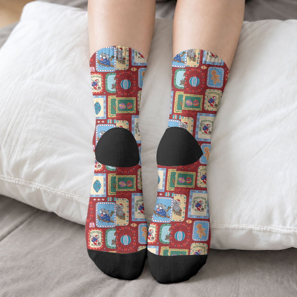 Australia Wildlife Christmas Stamp Crew Socks Red Aussie Native Animal Seamless Pattern