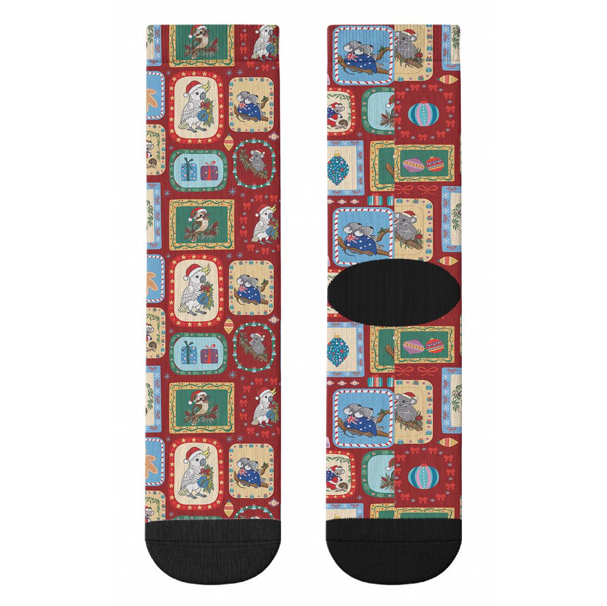 Australia Wildlife Christmas Stamp Crew Socks Red Aussie Native Animal Seamless Pattern