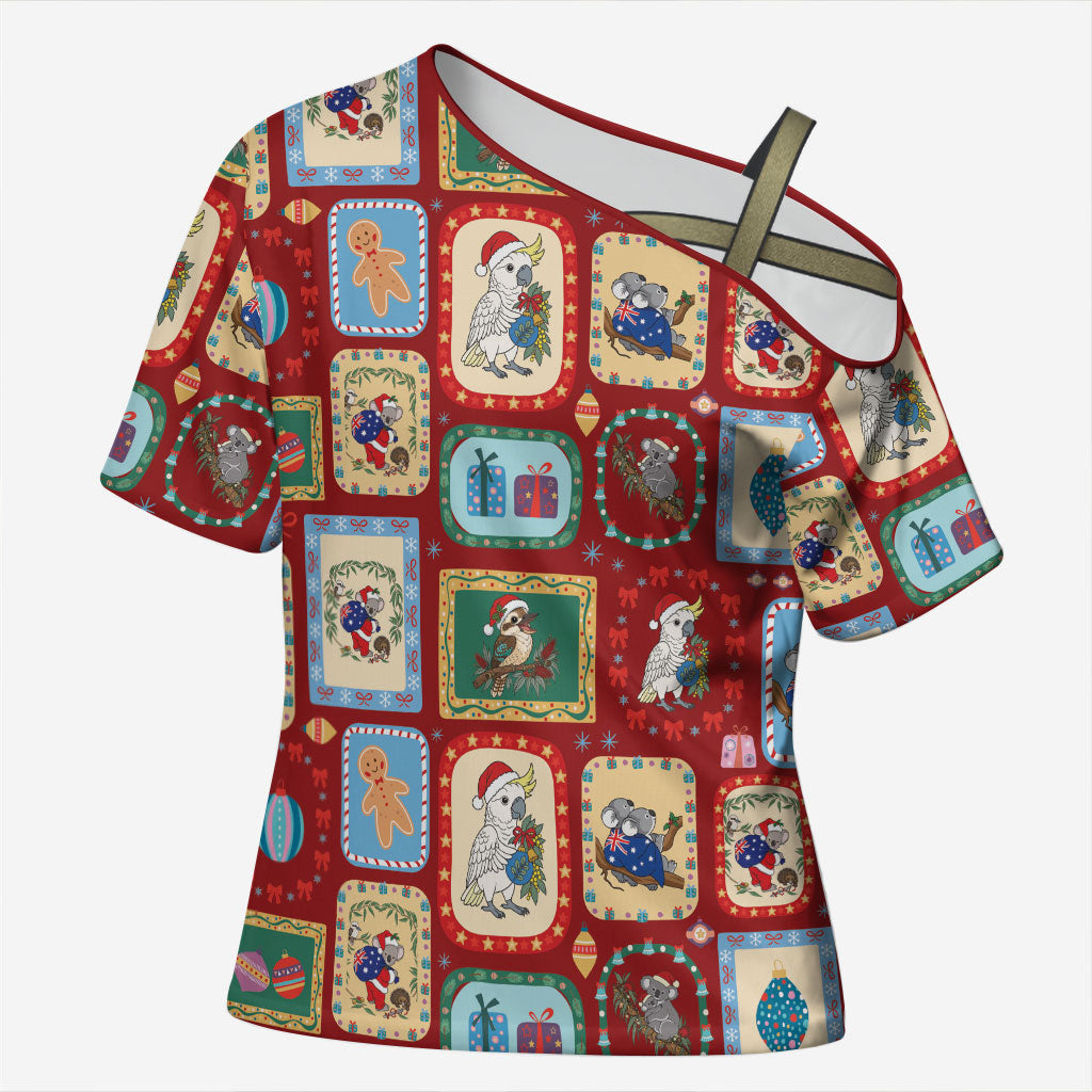 Australia Wildlife Christmas Stamp Cross Shoulder Shirt Red Aussie Native Animal Seamless Pattern