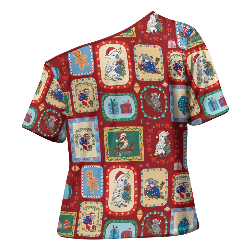 Australia Wildlife Christmas Stamp Cross Shoulder Shirt Red Aussie Native Animal Seamless Pattern