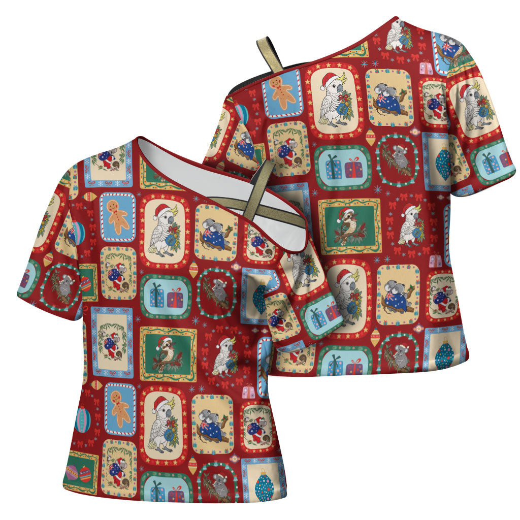 Australia Wildlife Christmas Stamp Cross Shoulder Shirt Red Aussie Native Animal Seamless Pattern