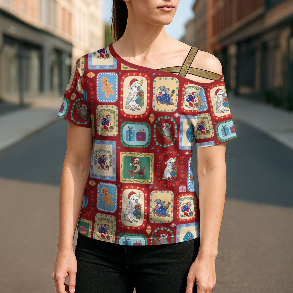 Australia Wildlife Christmas Stamp Cross Shoulder Shirt Red Aussie Native Animal Seamless Pattern