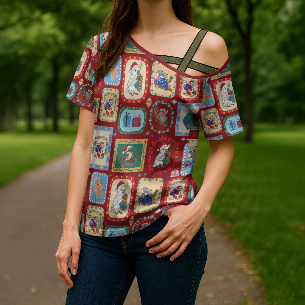 Australia Wildlife Christmas Stamp Cross Shoulder Shirt Red Aussie Native Animal Seamless Pattern