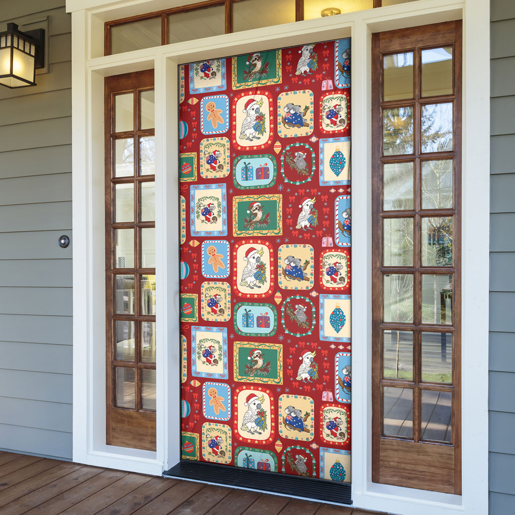 Australia Wildlife Christmas Stamp Door Cover Red Aussie Native Animal Seamless Pattern