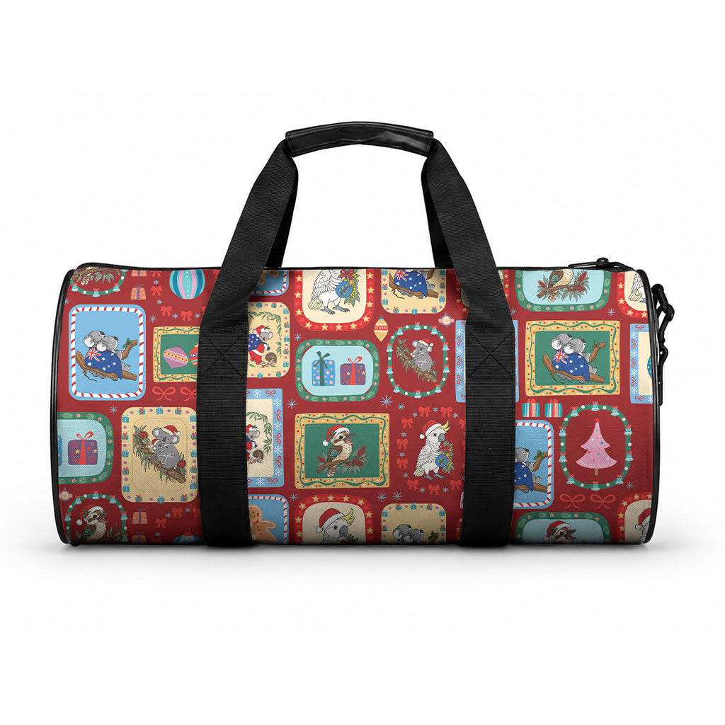 Australia Wildlife Christmas Stamp Duffle Bag Red Aussie Native Animal Seamless Pattern
