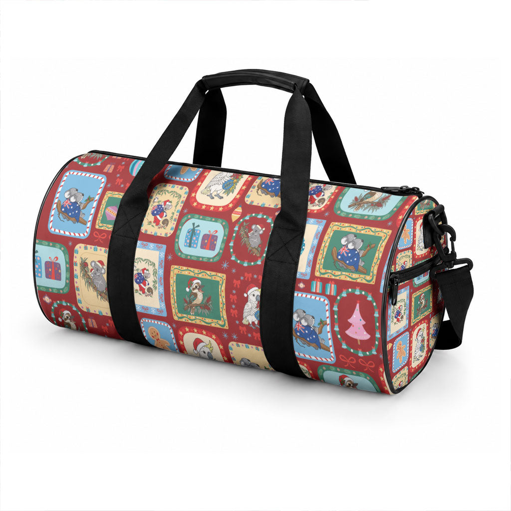 Australia Wildlife Christmas Stamp Duffle Bag Red Aussie Native Animal Seamless Pattern