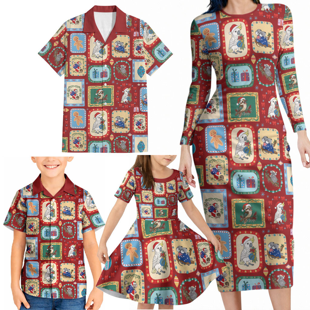 Australia Wildlife Christmas Stamp Family Matching Long Sleeve Bodycon Dress and Hawaiian Shirt Red Aussie Native Animal Seamless Pattern