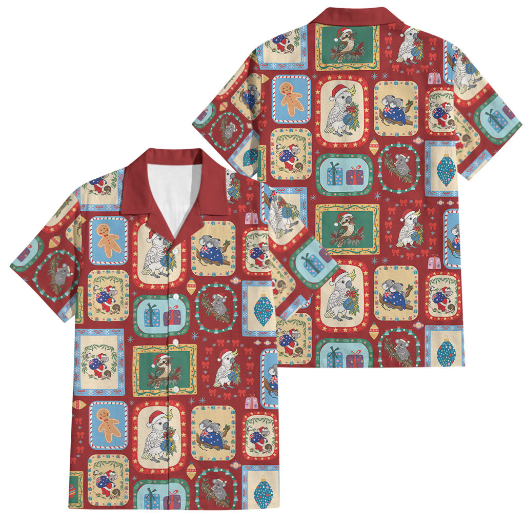 Australia Wildlife Christmas Stamp Family Matching Long Sleeve Bodycon Dress and Hawaiian Shirt Red Aussie Native Animal Seamless Pattern