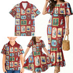 Australia Wildlife Christmas Stamp Family Matching Mermaid Dress and Hawaiian Shirt Red Aussie Native Animal Seamless Pattern