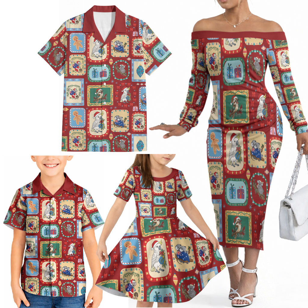 Australia Wildlife Christmas Stamp Family Matching Off The Shoulder Long Sleeve Dress and Hawaiian Shirt Red Aussie Native Animal Seamless Pattern