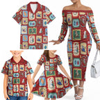 Australia Wildlife Christmas Stamp Family Matching Off The Shoulder Long Sleeve Dress and Hawaiian Shirt Red Aussie Native Animal Seamless Pattern