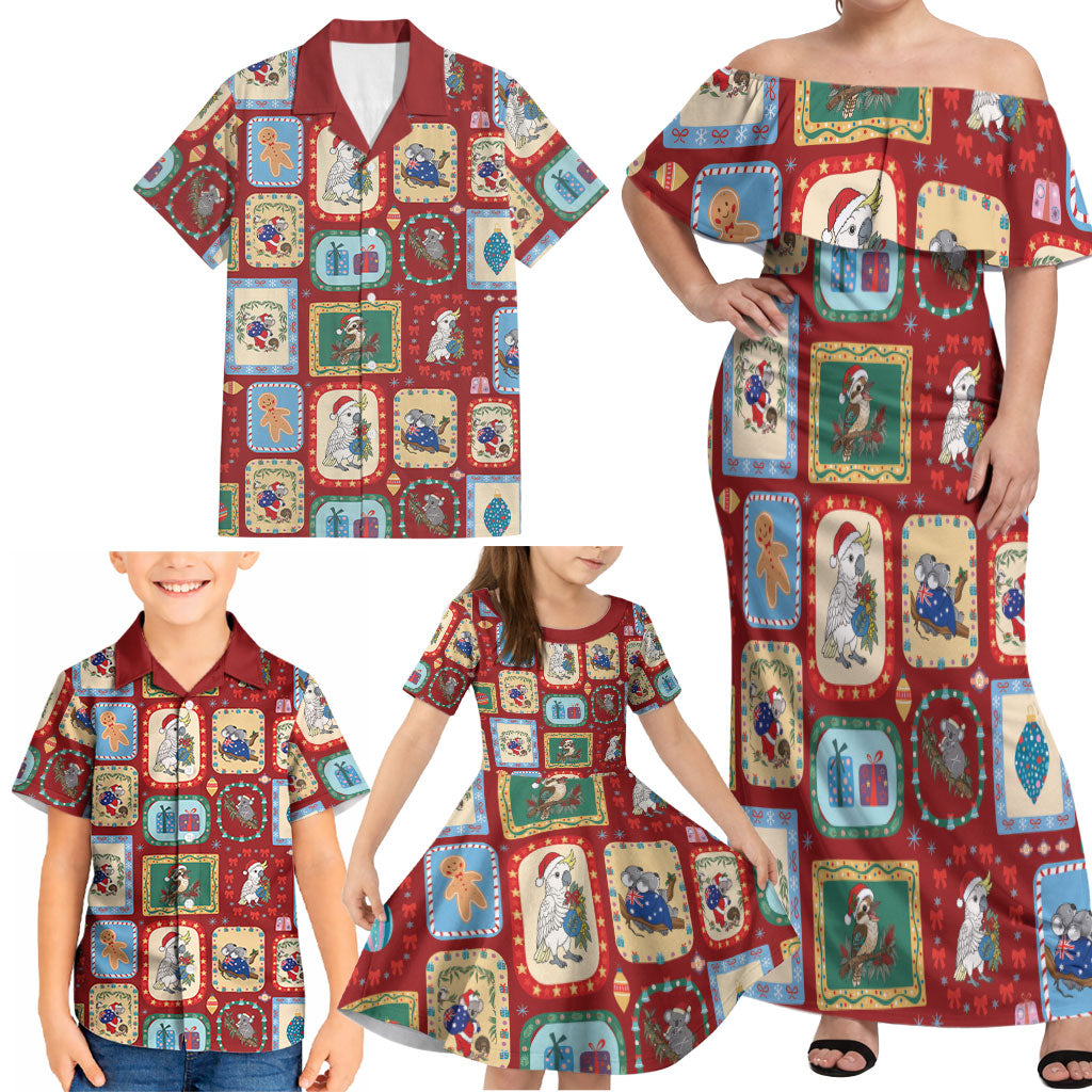 Australia Wildlife Christmas Stamp Family Matching Off Shoulder Maxi Dress and Hawaiian Shirt Red Aussie Native Animal Seamless Pattern