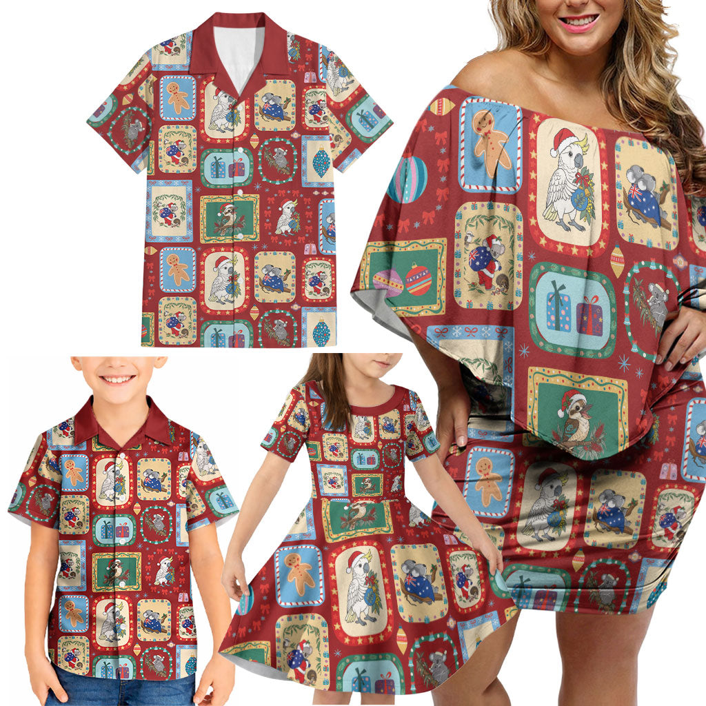 Australia Wildlife Christmas Stamp Family Matching Off Shoulder Short Dress and Hawaiian Shirt Red Aussie Native Animal Seamless Pattern