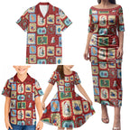 Australia Wildlife Christmas Stamp Family Matching Puletasi and Hawaiian Shirt Red Aussie Native Animal Seamless Pattern