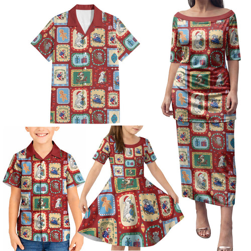 Australia Wildlife Christmas Stamp Family Matching Puletasi and Hawaiian Shirt Red Aussie Native Animal Seamless Pattern