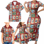 Australia Wildlife Christmas Stamp Family Matching Short Sleeve Bodycon Dress and Hawaiian Shirt Red Aussie Native Animal Seamless Pattern