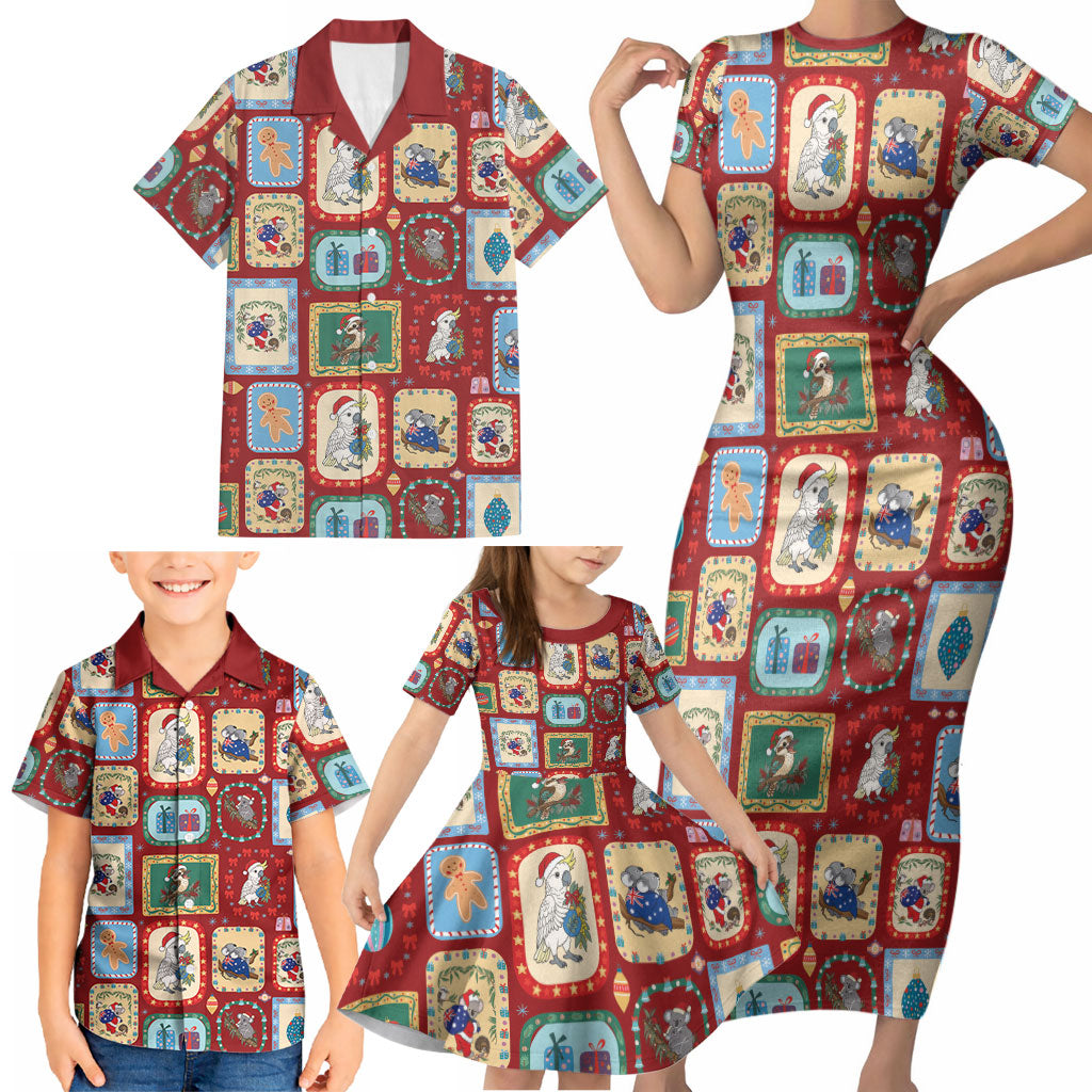 Australia Wildlife Christmas Stamp Family Matching Short Sleeve Bodycon Dress and Hawaiian Shirt Red Aussie Native Animal Seamless Pattern
