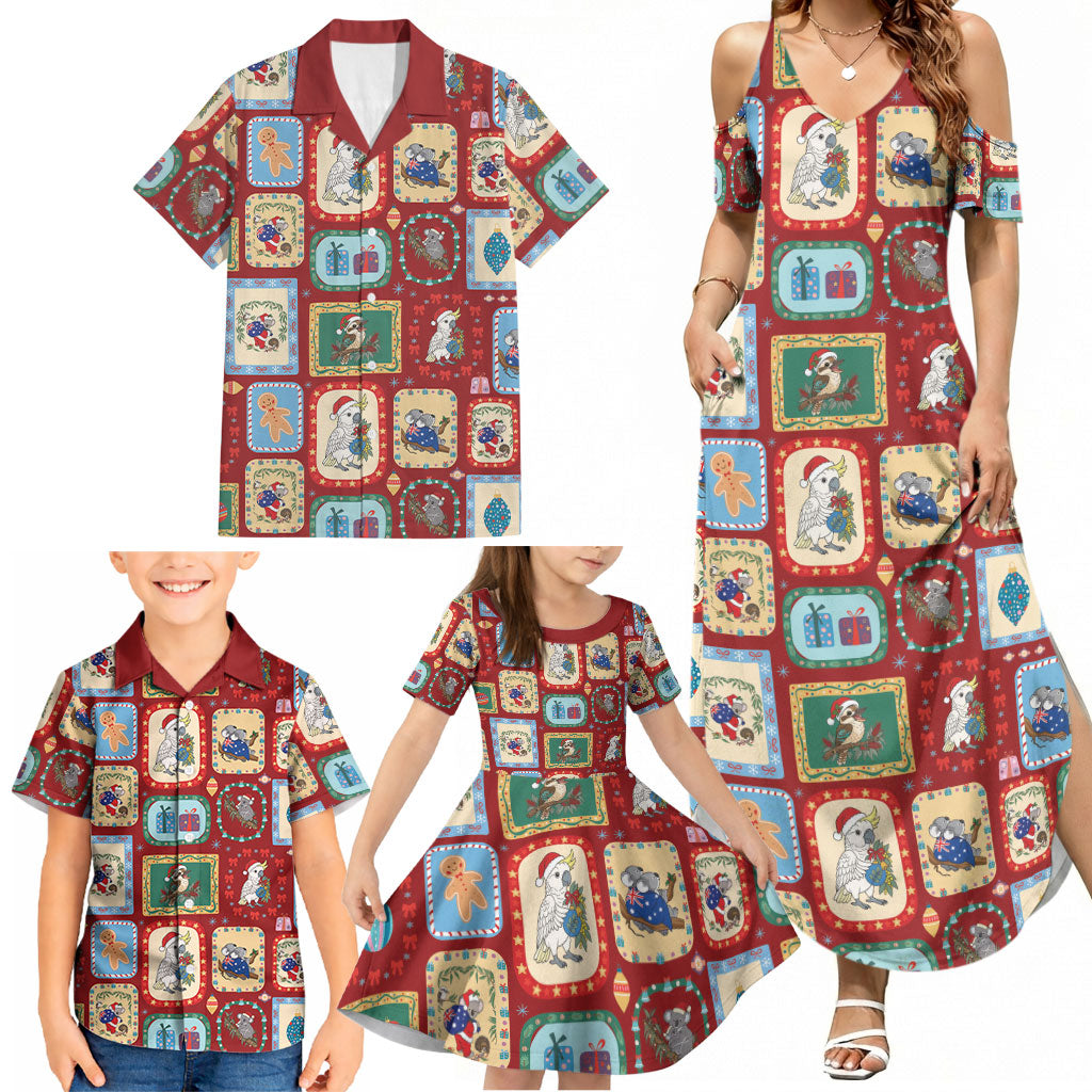 Australia Wildlife Christmas Stamp Family Matching Summer Maxi Dress and Hawaiian Shirt Red Aussie Native Animal Seamless Pattern