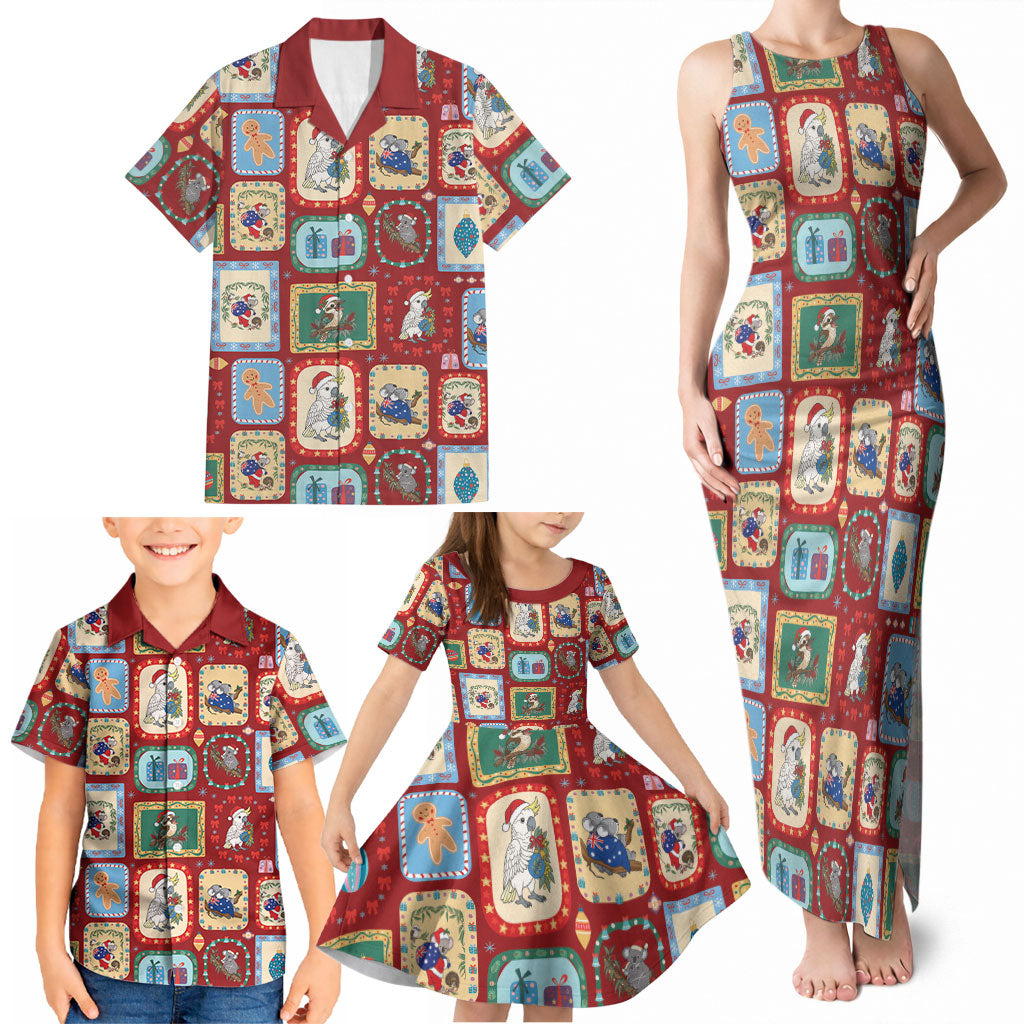 Australia Wildlife Christmas Stamp Family Matching Tank Maxi Dress and Hawaiian Shirt Red Aussie Native Animal Seamless Pattern