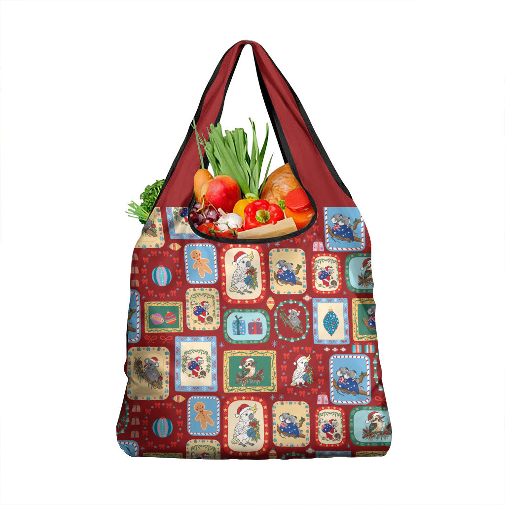 Australia Wildlife Christmas Stamp Grocery Bag Red Aussie Native Animal Seamless Pattern