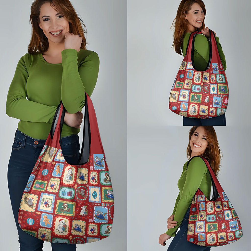 Australia Wildlife Christmas Stamp Grocery Bag Red Aussie Native Animal Seamless Pattern