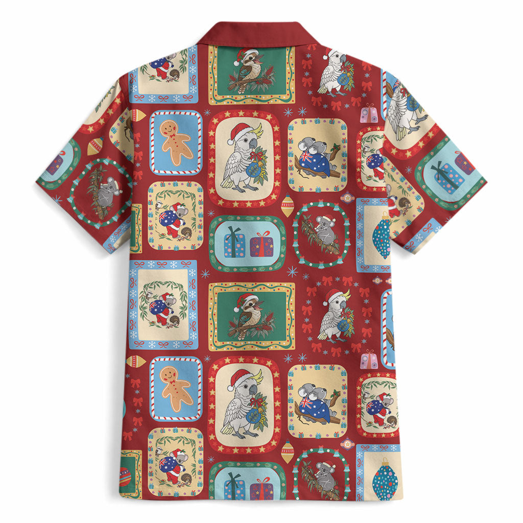 Australia Wildlife Christmas Stamp Hawaiian Shirt Red Aussie Native Animal Seamless Pattern