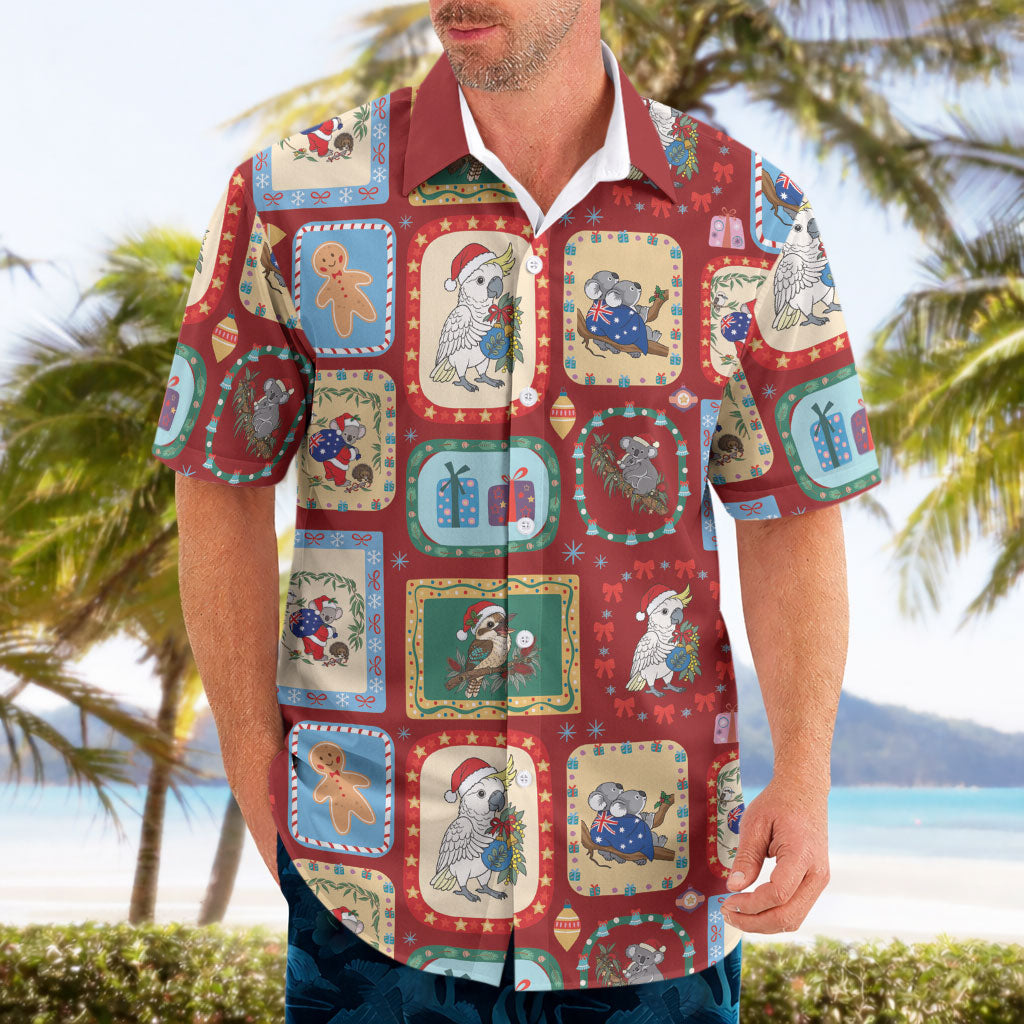 Australia Wildlife Christmas Stamp Hawaiian Shirt Red Aussie Native Animal Seamless Pattern