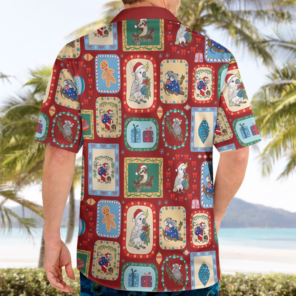Australia Wildlife Christmas Stamp Hawaiian Shirt Red Aussie Native Animal Seamless Pattern